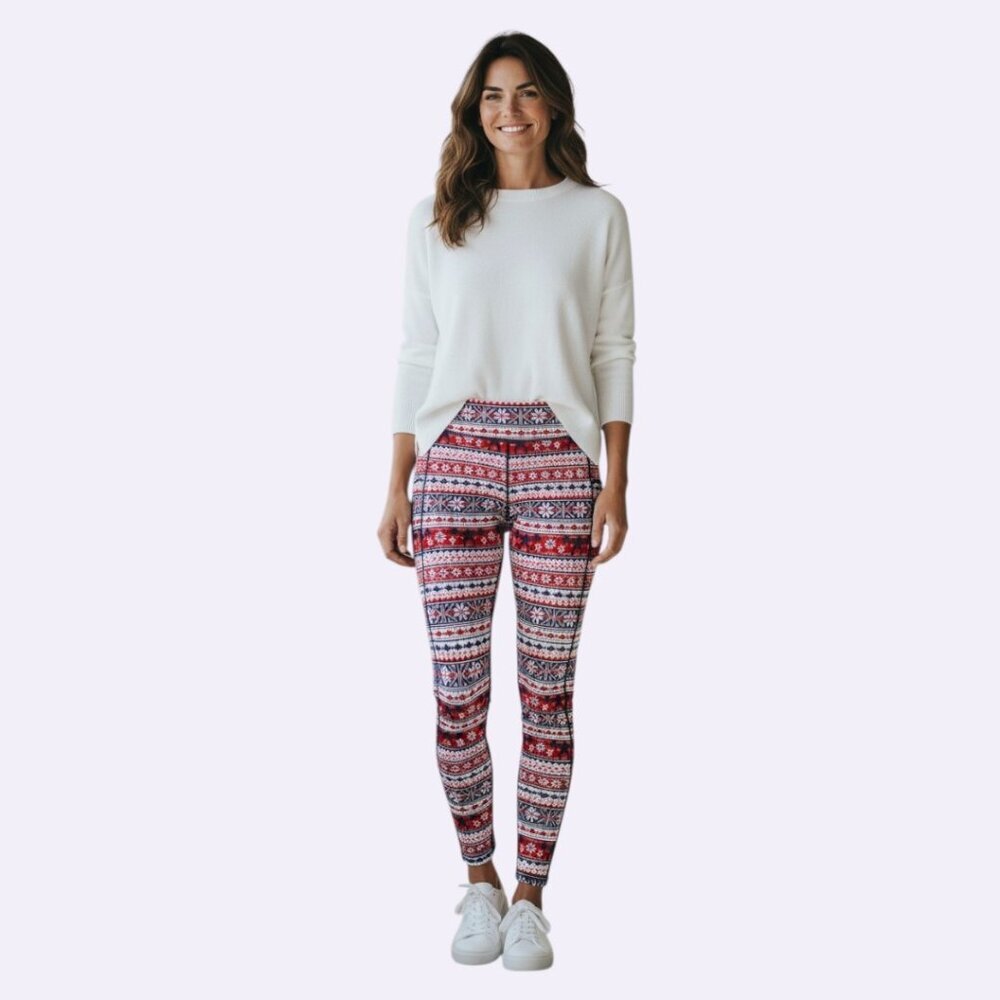 Wodbottom Women Legging Navy Red White Winter Themed Fair Isle Pattern Med NWOT